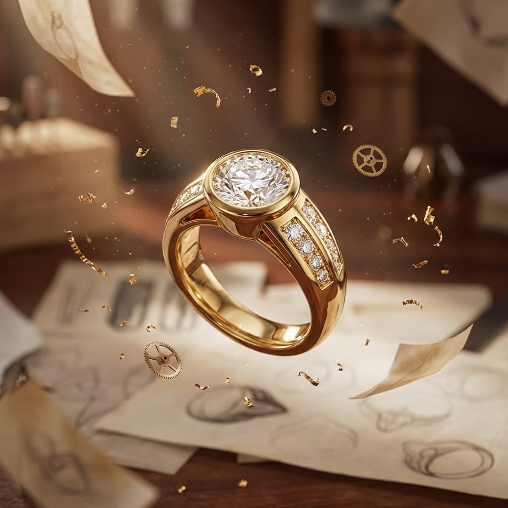 Diamond ring setting on jewelry repair workspace with sketches and tools