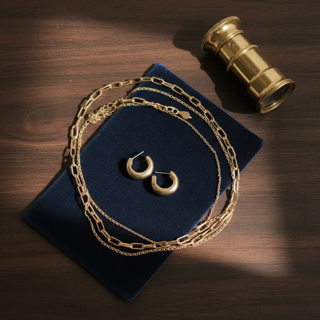 Gold chain necklaces, hoop earrings and spyglass.