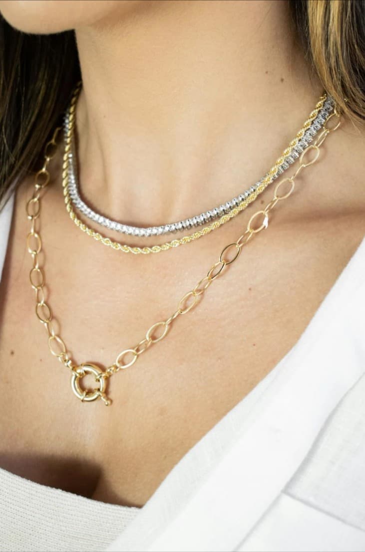 Gold chain link necklace, diamond tennis necklace, gold rope chain necklace.