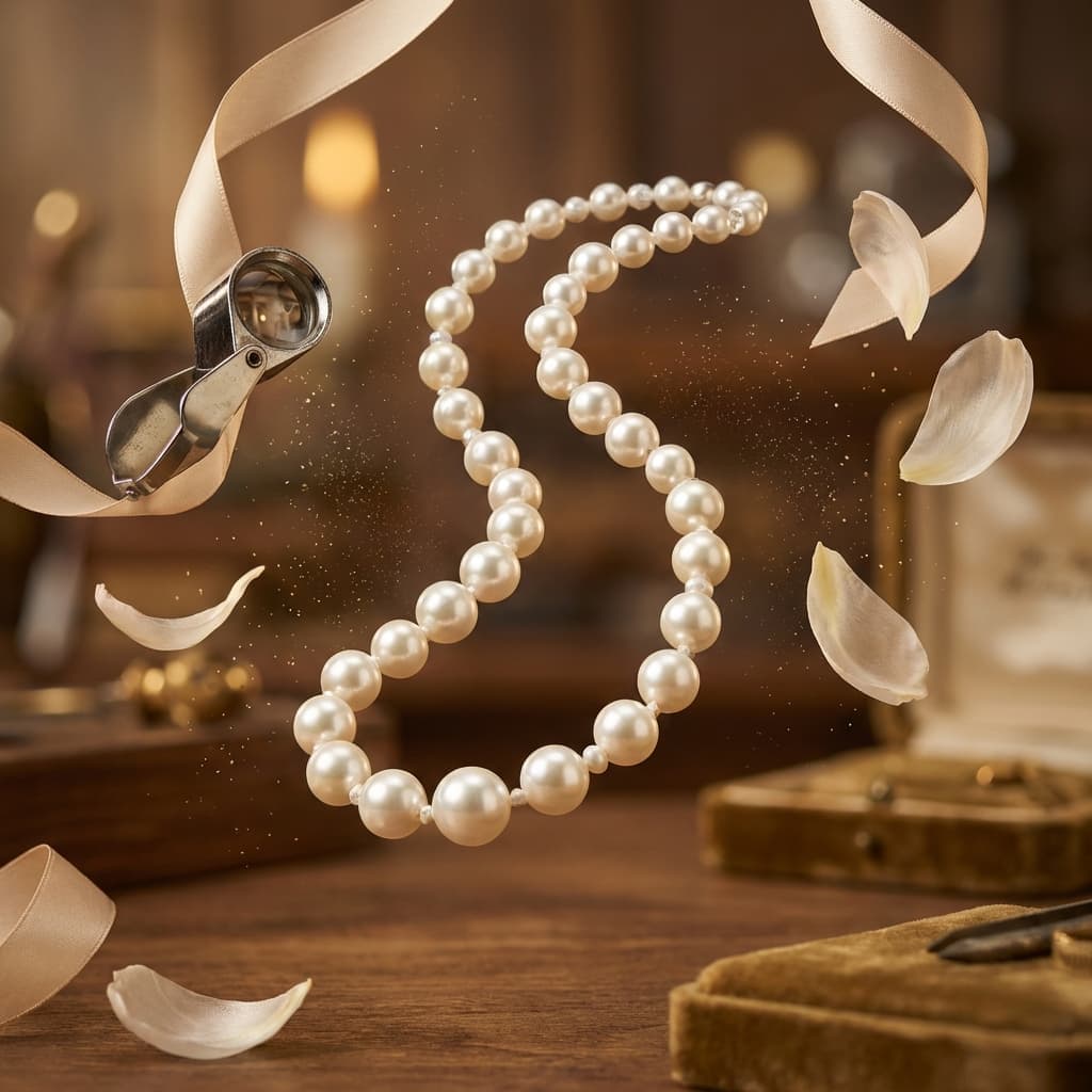 Elegant pearl necklace, jewelry repair, and antique jewelry sales concept.