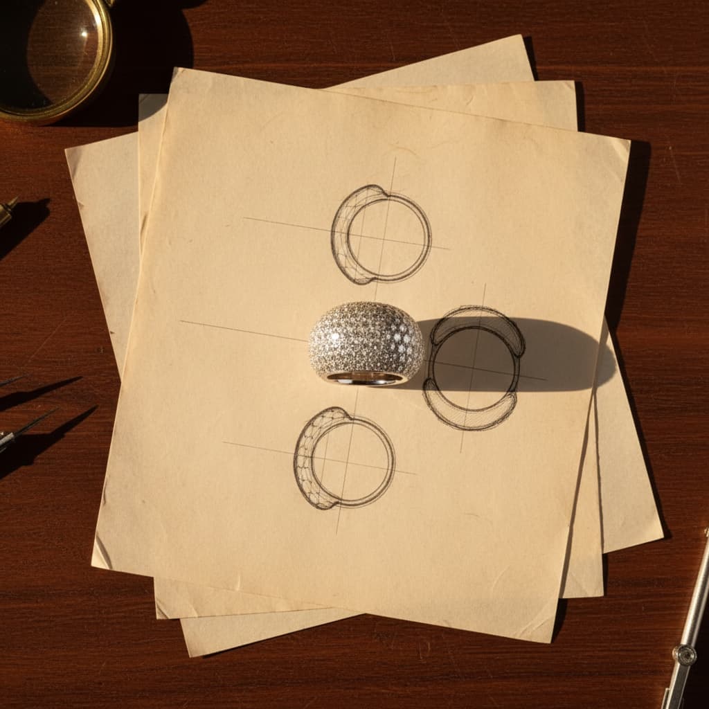 Diamond pave ring design and concept sketch for jewelry repair or custom creation.