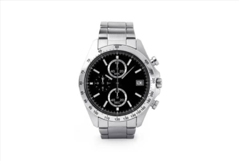 Silver wristwatch with black face for jewelry repair or sales