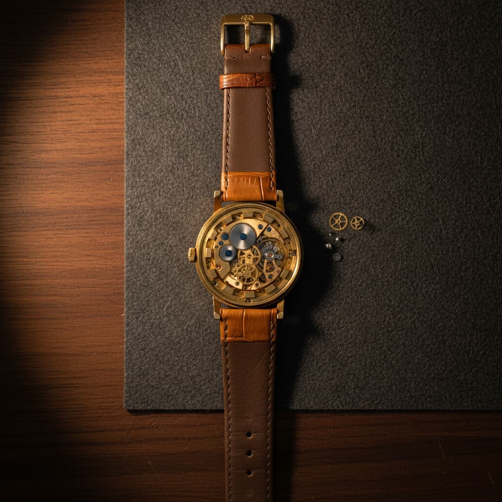Gold skeleton watch with leather band, jewelry repair service offered.