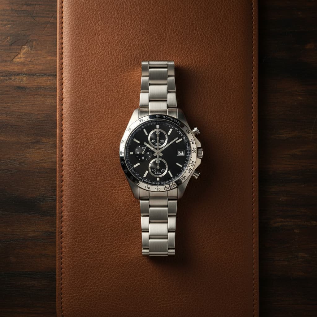 Silver chronograph wristwatch on brown leather, watch repair or sale