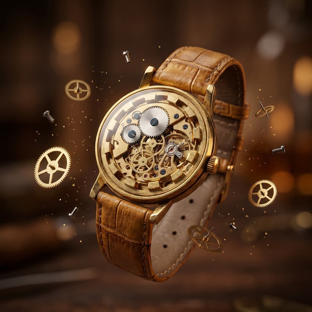 Gold watch repair, skeleton movement, leather strap, jewelry service.