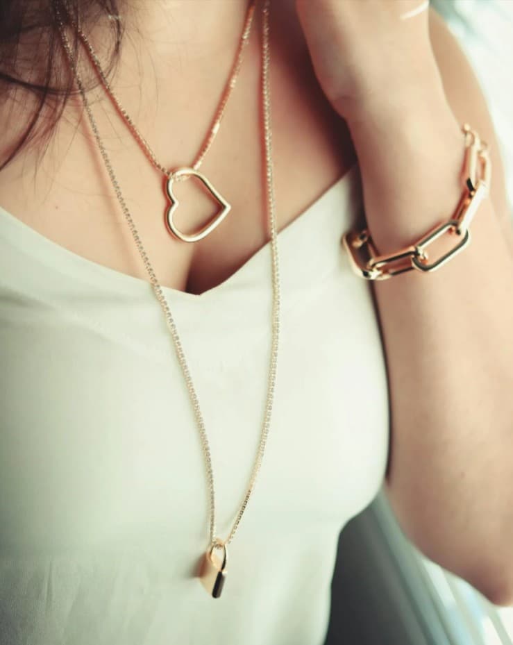 Gold heart necklace, chain bracelet, and layered necklaces jewelry sale