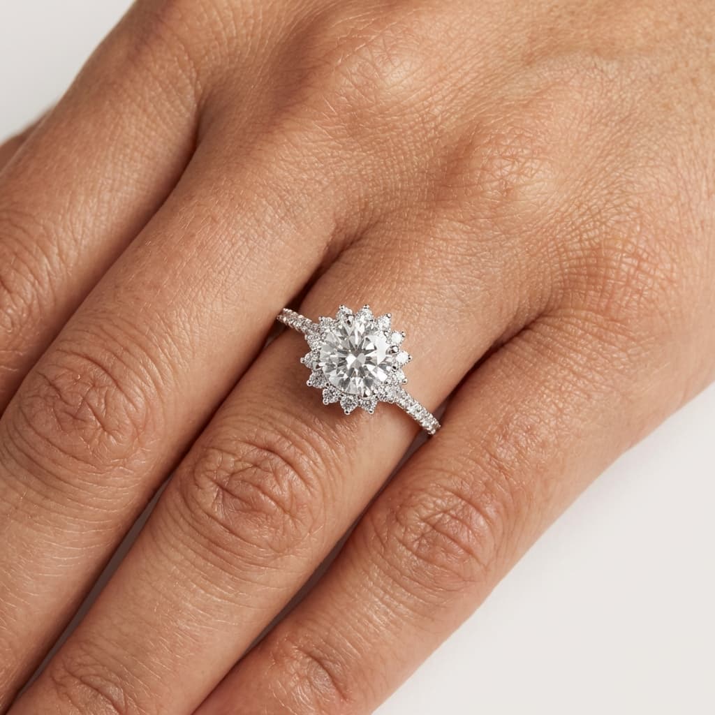 Diamond sunflower engagement ring setting on hand. Jewelry sales.