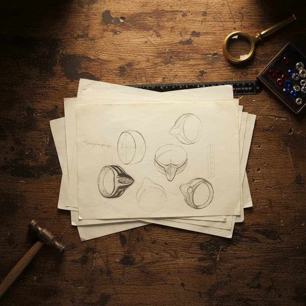 Jewelry design sketch, diamonds, magnifying glass on workbench. Jewelry repair concept.
